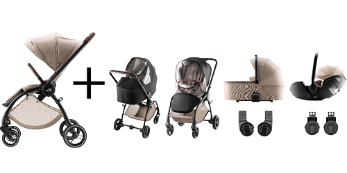 Poussette RIO et nacelle RIO avec accessoires essentiels, coloris Teak, faisant partie du PACK RIO EVERYDAY