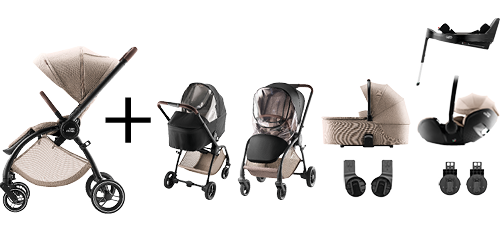 Poussette RIO et nacelle RIO avec accessoires essentiels, coloris Teak, faisant partie du PACK RIO PREMIUM
